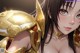 Anime girl with long black hair wearing a golden helmet.