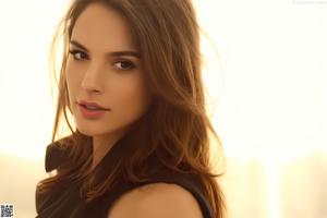 A woman with long brown hair is posing for a picture.