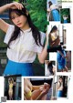 A collage of photos of a woman in a white shirt and blue skirt.